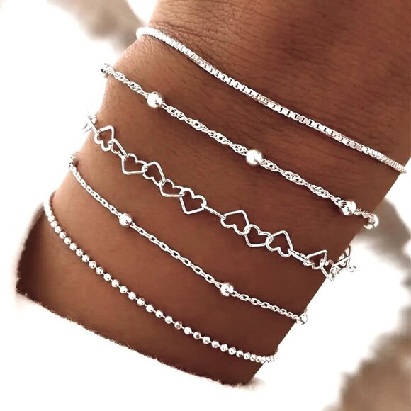 Bracelet 5pc Set Silver Heart Beads Box Chain Stylish Y2k Delicate Trendy Layer - Picture 1 of 4
